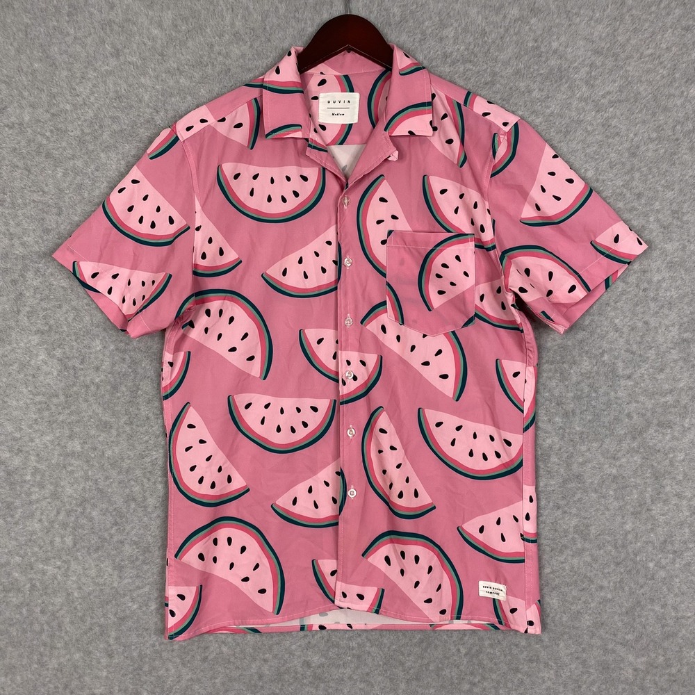 Duvin Shirt Mens M Pink Short Sleeve Button Up Camp Watermelon All Over Print